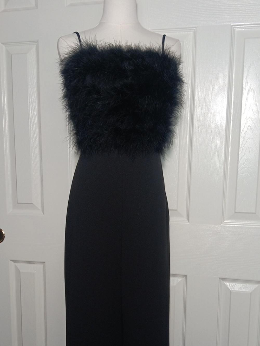 Crystal Sky Black Feather Trim Evening Jumpsuit Size Medium With Pockets